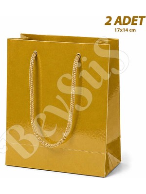 BeySüS 17X14 cm Parlak Kağıt Çanta Gold 2 Adet