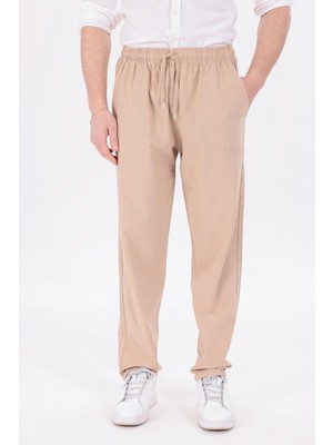 Blayn Jeans Erkek Bej Jogger Pantolon Beli Lastikli Bağcıklı %100 Pamuk Keten Baggy Rahat Günlük Pantolon