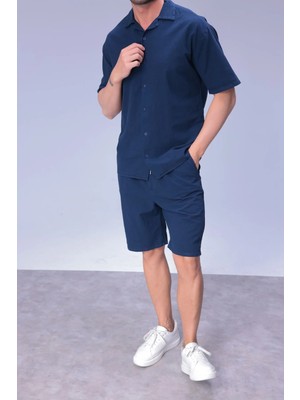 Blayn Jeans Erkek Rahat Kalıp Cepli Keten Gömlek ve Beli Lastikli Şort Yazlık Oversize Takım