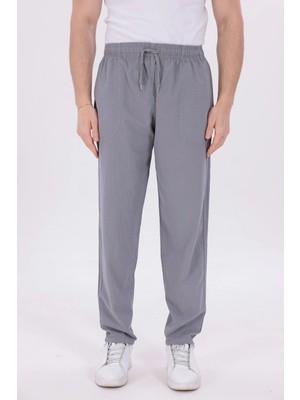 Blayn Jeans Erkek Gri Jogger Pantolon Beli Lastikli Bağcıklı %100 Pamuk Keten Baggy Rahat Günlük Pantolon