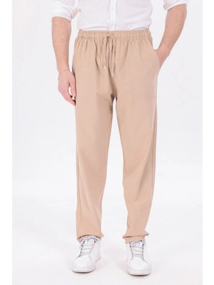 Blayn Jeans Erkek Bej Jogger Pantolon Beli Lastikli Bağcıklı %100 Pamuk Keten Baggy Rahat Günlük Pantolon