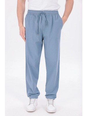 Blayn Jeans Erkek Buz Mavi Jogger Pantolon Beli Lastikli Bağcıklı %100 Pamuk Keten Baggy Rahat Günlük Pantolon