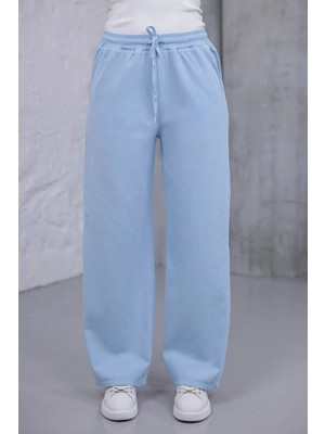 Myrab Denim Kadın Mavi Baggy Keten Pantolon Lastikli Bel Bağcıklı Rahat Geniş Paça Yazlık Pantolon