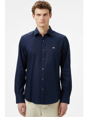 Lacoste Men's Slim Fit Button-Down Collar Linen Shirt Erkek Düğmeli Yaka Pamuklu Gömlek Lacivert
