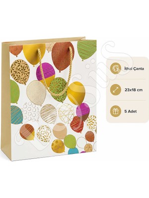 BeySüS 23X18 cm Ithal Balon Temalı Hediyelik Kağıt Çanta Gold 5 Adet