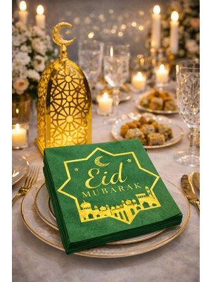 BeySüS Eid Mubarak 20Li Yeşil Altın Varaklı Desenli Peçete
