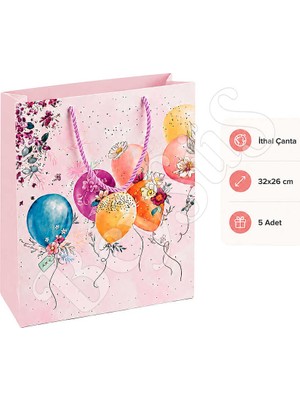 BeySüS 32X26 cm Ithal Çiçekli Balonlu Hediyelik Kağıt Çanta Pembe 5 Adet