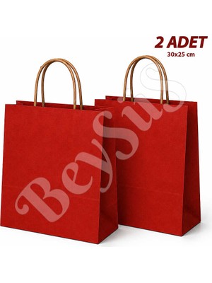 BeySüS 30x25 cm Hediyelik Kağıt Çanta Kırmızı 2 Adet