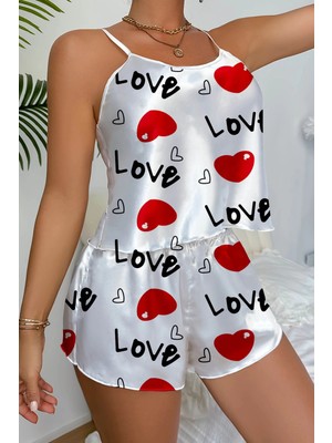 Morliva Love Desenli Beyaz Saten Şortlu Gecelik Takım