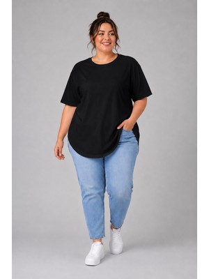 Limitless Wear Büyük Beden Kadın Bisiklet Yaka Basic Oval Etek Detalylı 3xl-6xl Uzun Tunik