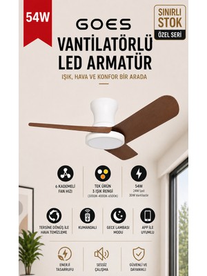 Goes LED Işıklı Tavan Vantilatörü Avize Armatür 80CM 54W 6 Hız Kademeli Kumandalı Telefon Uygulaması Kontrollü Gva-54