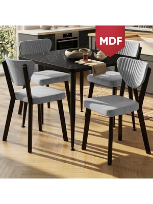 Canisa Estro Serisi Mdf Sabit 90X90 Siyah Mermer Desen Mutfak Masası Takımı 4 Adet Gri Sandalye