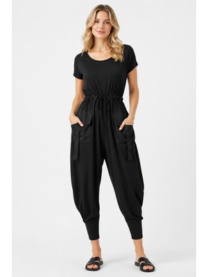 Sibel Günay Butik Siyah Şalvar Kesim Spor Şık Cepli Tulum