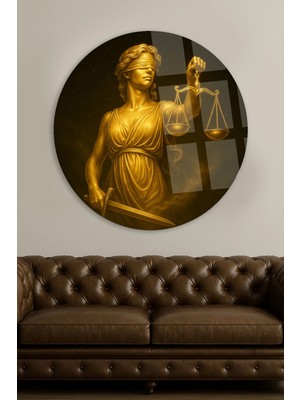 Taulart Siyah Gold Detaylı Canlı Renk Ile Adalet Terazisi Ofis Salon Tasarım Şık Yuvarlak Cam Tablo