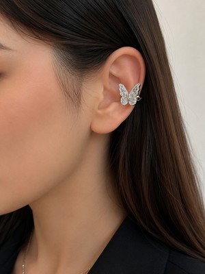 Alsem Store Gümüş Kaplama Taşlı Kelebek Earcuff , Taşlı Zarif Kıkırdak Küpe (Piercingsiz Kullanım)