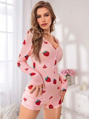 Morliva Kadın Pembe Çilek Desenli Pijama Tulumu 5125