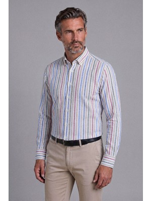 Bisse Bej Regular Fit Keten Cepsiz Uzun Paşa Yaka Gömlek GMKTN261092_C07