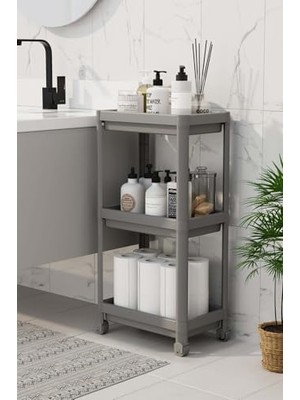 3 Katlı Tekerlekli Raf Ünitesi - Banyo & Mutfak Organizer - Çok Amaçlı Servis Sehpası - Dar Alanlar Için Pratik Saklama Çözümü (Gri)