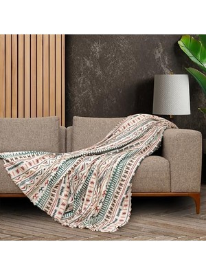 Concept Softmicro Boho Etnik Desenli Mikrofiber Koltuk Örtüsü ve Tv Battaniyesi, Koltuk Şalı, Kaymaz Turkuaz 130X180 cm