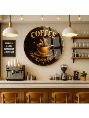 Taulart Siyah Gold Detayy Coffy Tasarım Bar Kahve Yuvarlak Cam Tablo