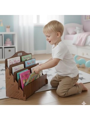 Carry Montessori 4 Raflı Ahşap Mini Kitaplık -Çocuk Odası Kitaplık (Ceviz Renk)