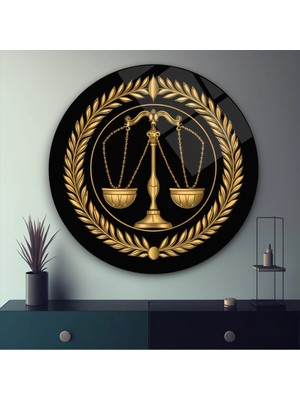 Taulart Siyah Gold Detaylı Canlı Renk Ile Adalet Terazisi Ofis Salon Tasarım Şık Yuvarlak Cam Tablo