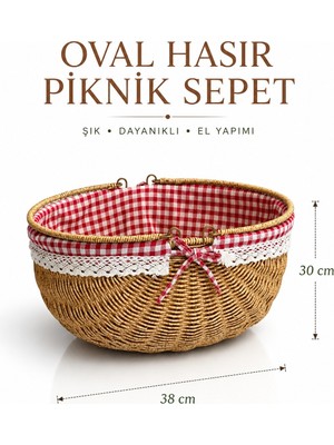 Rosie Piknik Sepeti Oval Hasır Detaylı 38 cm