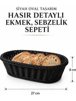 Rosie Siyah Oval Tasarım Hasır Detaylı Ekmek, Sebzelik Sepeti 27X 8 cm