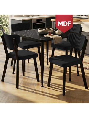 Canisa Estro Serisi Mdf Sabit 90X90 Siyah Mermer Desen Mutfak Masası Takımı 4 Adet Siyah Sandalye