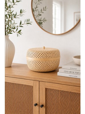 Naturel Home Bambu Kapaklı Yuvarlak Kutu Sepet 32x21 cm - Bohem, Iskandinav, Modern, Rattan, Dekoratif