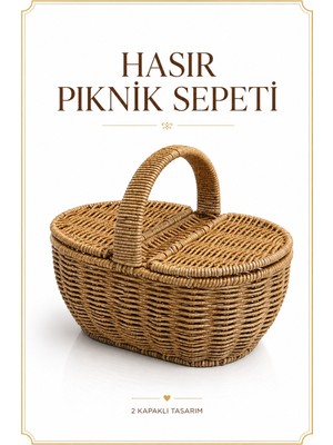 Rosie Oval Hasır Detaylı Kulplu 2 Gözlü Piknik, Mutfak Sepeti