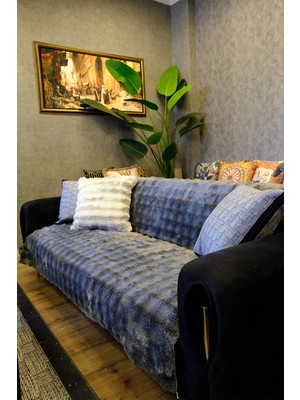 Dekomod Peluş Koltuk Örtüsü Şalı Pofuduk Bubble Antrasit Çok Amaçlı Baklava Desen 170X210 cm