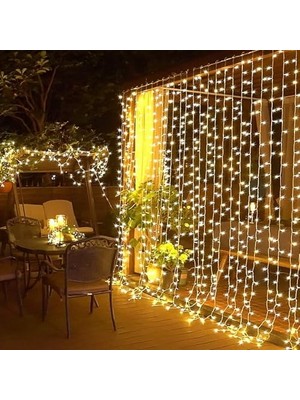Vavis Senon Perde LED Işık 8 Fonksiyonlu Sarı Işıklı Dekoratif Aydınlatma Balkon Veranda Dekorasyonu Fişli Eklenerek Uzatılabilir (2x2 Metre)