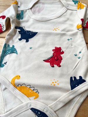Nayinom %100 Pamuk Ribana Dokulu Uzun Kollu Fitilli Dinazor Desenli Çıtçıtlı Body