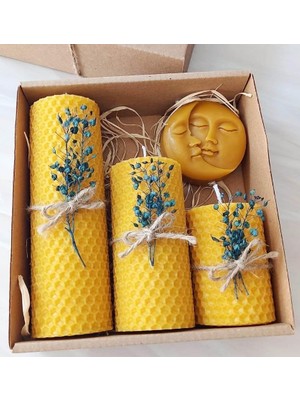 Vavis Dekoratif Doğal Petek Balmumu Mum Ay ve Güneş Seti Bal Mumu Mum Hediyelik Beeswax Candle