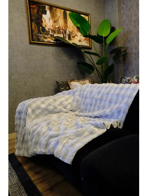 Dekomod Peluş Koltuk Şalı Örtüsü Pofuduk Bubble Gri Çok Amaçlı Baklava Desen 150X150 cm