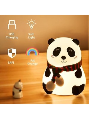 Vavis Sevimli Panda Gece Lambası Silikon LED Işık Çocuk Odası Dekoru Hediye (Gözü Açık)