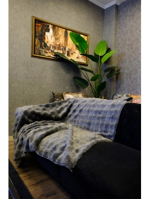 Dekomod Peluş Koltuk Şalı Örtüsü Pofuduk Bubble Antrast Çok Amaçlı Baklava Desen 150X150 cm