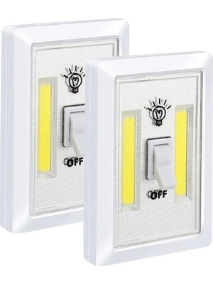 Vavis Pille Çalışan Duvar Anahtarı Tipi Cob LED Lamba, Kablosuz Dolap Içi Aydınlatma, Mıknatıslı, Yapışkanlı Gece Lambası, Kitap Lambası (2 Adet)