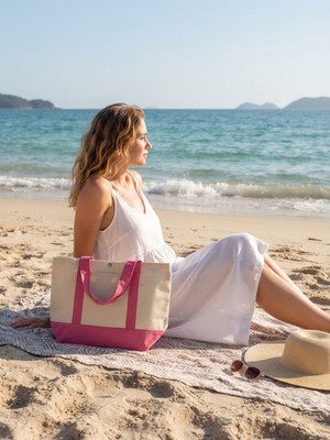 Anera Towel Naturel Pembe Kontrast Renkli %100 Pamuklu Kanvas Çıtçıtlı Plaj Çantası Omuz Çantası El Çantası
