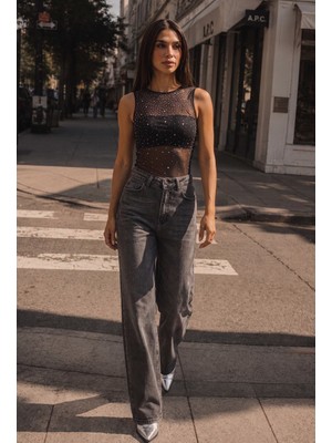 It's Basic Kadın Füme 4W6-14 Wide Leg Fit Esnek Kumaş Denim Jean