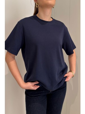 Magarde %100 Pamuk Kısa Kol Basic T-Shirt- Lacivert