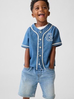 Gap Erkek Bebek Mavi Denim Varsity Logo Beyzbol Gömlek