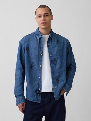 Gap Erkek Mavi Jean-Michel Basquiat Baskılı Denim Gömlek