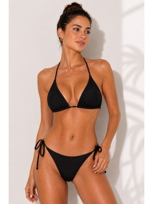 Funella Siyah Boyundan ve Yandan Bağlamalı Şık Kadın Bikini Takımı