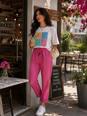 Ges Shop Kadın Pembe Keten Pantolon