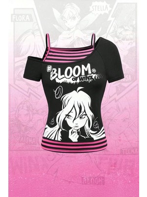 Moonstyle Collection Siyah Winx Club Bloom Ek Askılı Y2K Kısa Kollu Bluz