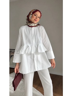 RFK Butik Kadın Alerli Seyyar Kemerli Poplin Gömlek Tunik - Beyaz
