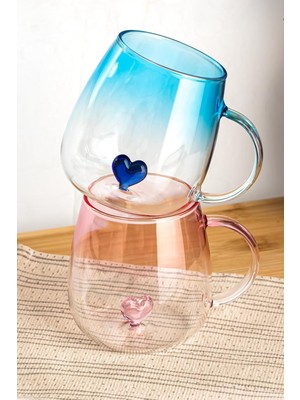 EstoreBox Porsima Love Hearts 400ML Romantik Tasarımlı 2'li Renkli Borosilikat Cam Kupa Seti Çok R