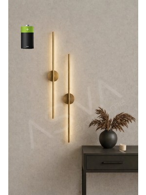 Asva Aydınlatma 2 Li 50 cm Ortadan Taslı Pilli Aplik Günışığı LED Eskitme Gold Kasa Pil Dahil, Duvar Lambası